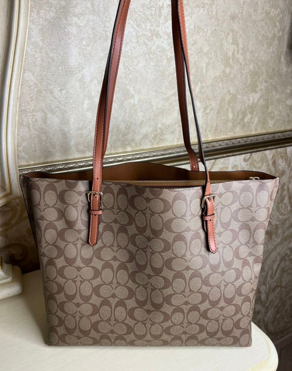 Heritage Tall Structured Tote in Warm Taupe Pattern with Refined Leather Straps