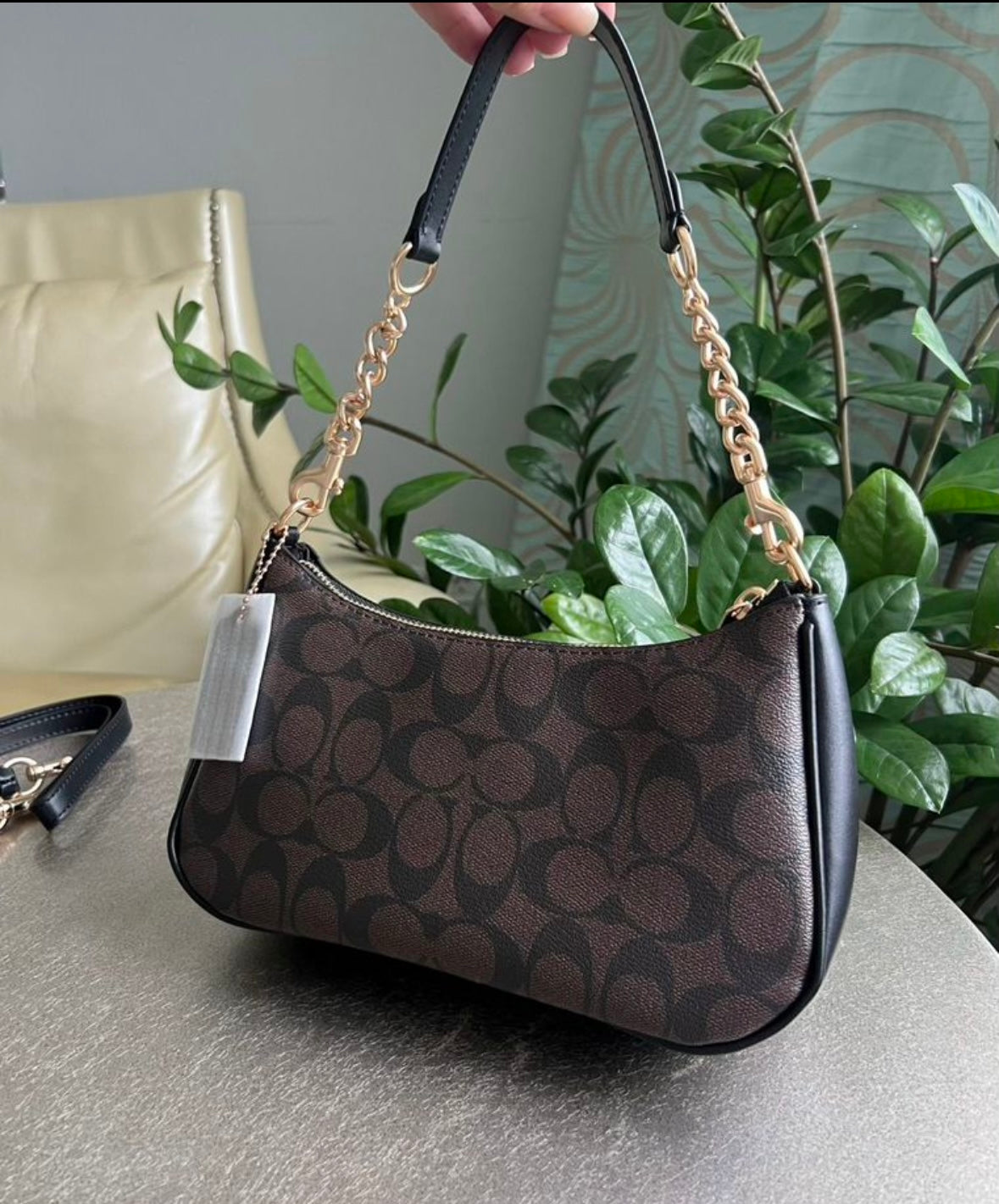 Teri — Elegant Grey Shoulder Bag with Signature Monogram Gold Chain Details
