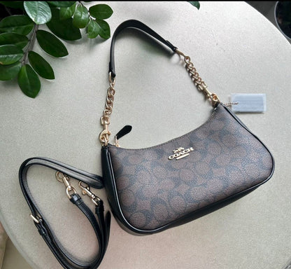 Teri — Elegant Grey Shoulder Bag with Signature Monogram Gold Chain Details