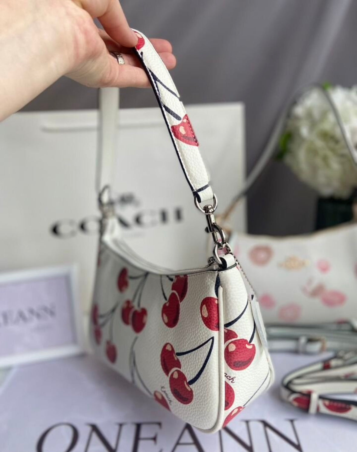 Teri Cherry White Shoulder Bag — Soft Signature Design with Playful Red Cherry Print