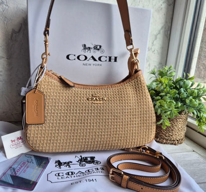 Teri Shoulder Bag — Woven Raffia with Leather Trim