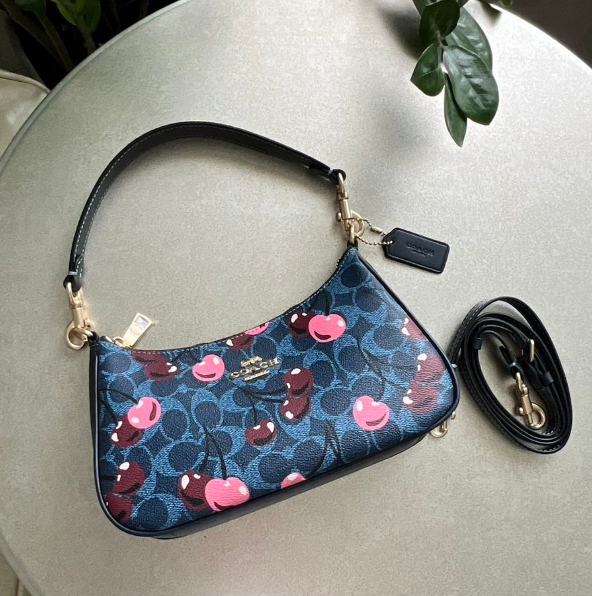 Teri Cherry Blue — Elegant Shoulder Bag with Playful Print  Gold Details