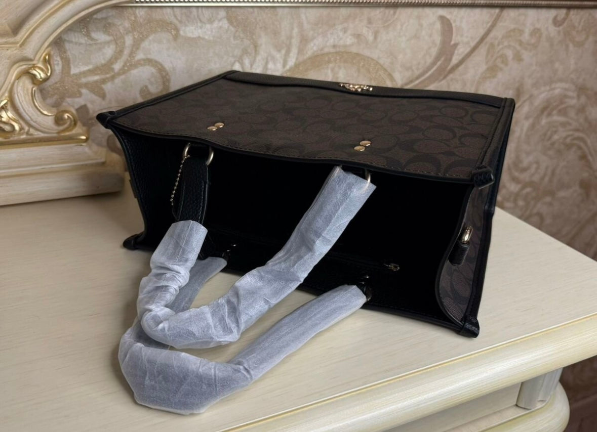Heritage Structured Tote in Deep Espresso Pattern with Textured Black Accents