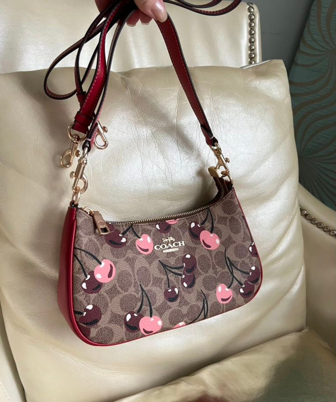Teri Cherry Edition — Playful Mini Shoulder Bag with Signature Print Red Leather Accents